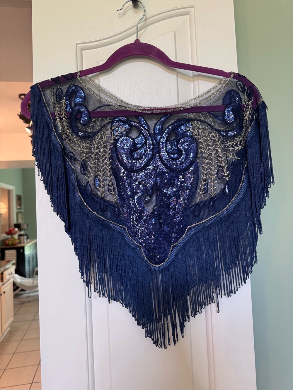Navy Sequin Fringe Shawl